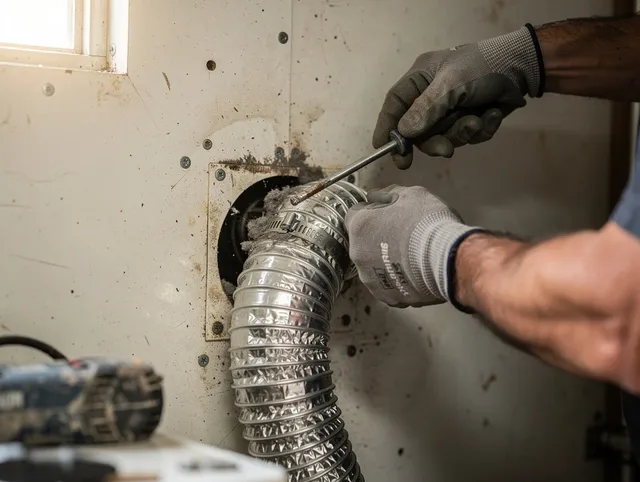 Cromwell Dryer Vent Cleaning technician performing precise dryer vent hose installation in Cromwell